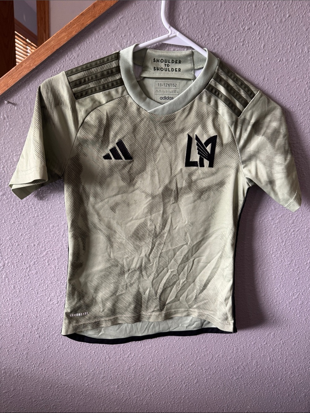 adidas Kids LAFC Soccer Jersey in Light Olive with Black Logos